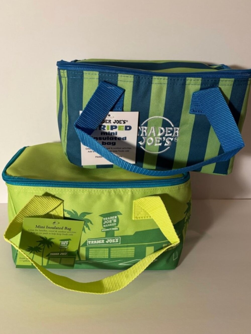 NWT Trader Joe's Summer 2026 Mini Insulated Bag Set of 2 - Striped Bag Green Bag
